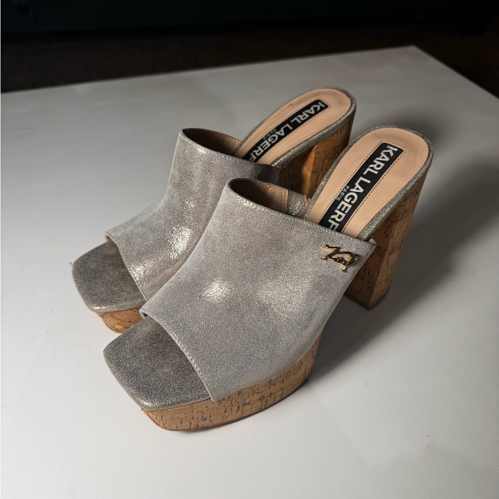 karl lagerfeld cork silver platform mules!